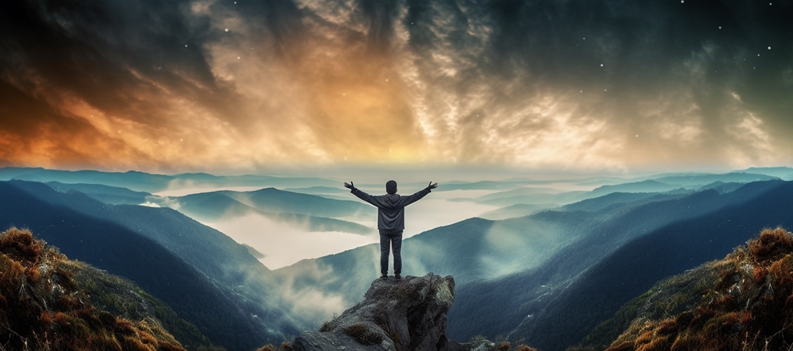 A person standing on a mountaintop and connecting with the spiritual energy of the universe