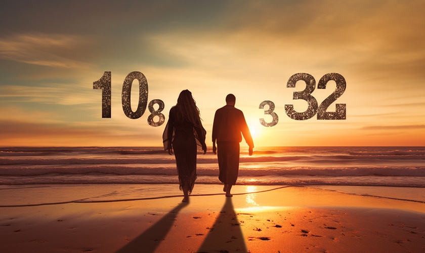 A couple holding hands, walking along a beach at sunset, with a series of numbers