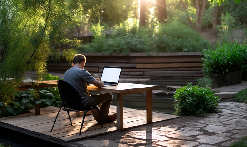 person working on a laptop in a serene outdoor
