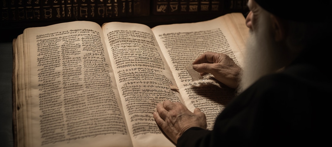 A person studying an ancient Kabbalistic text of Kabbalah numerology