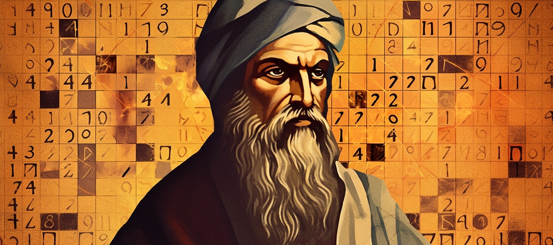 A portrait of Pythagoras with a background of numbers and mathematical symbols