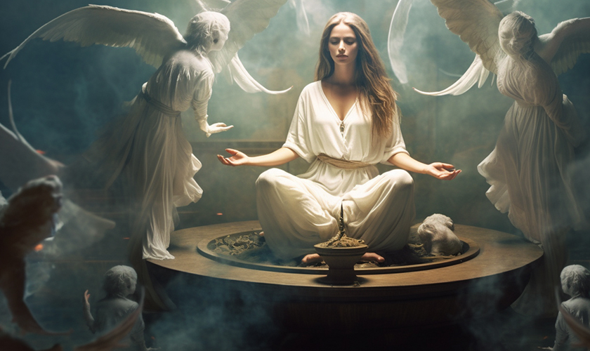a woman meditating with angels spinning around her