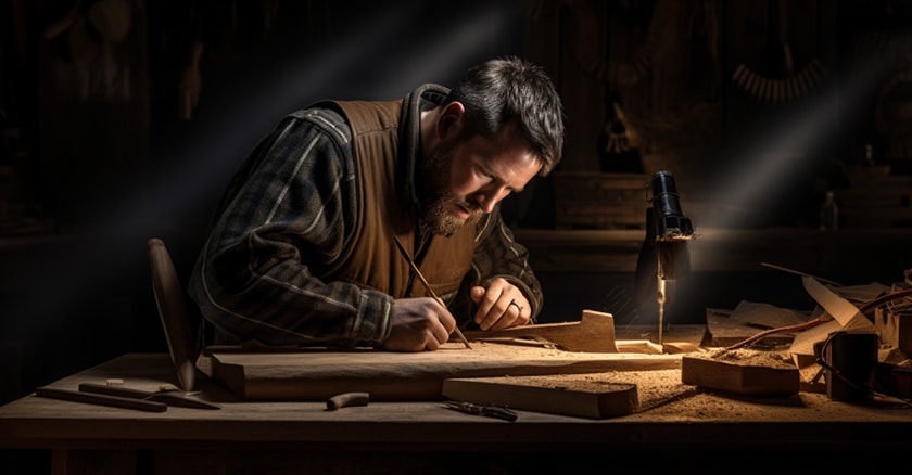 craftsman at work Illuminated by a focused shapes a piece of wood number 4