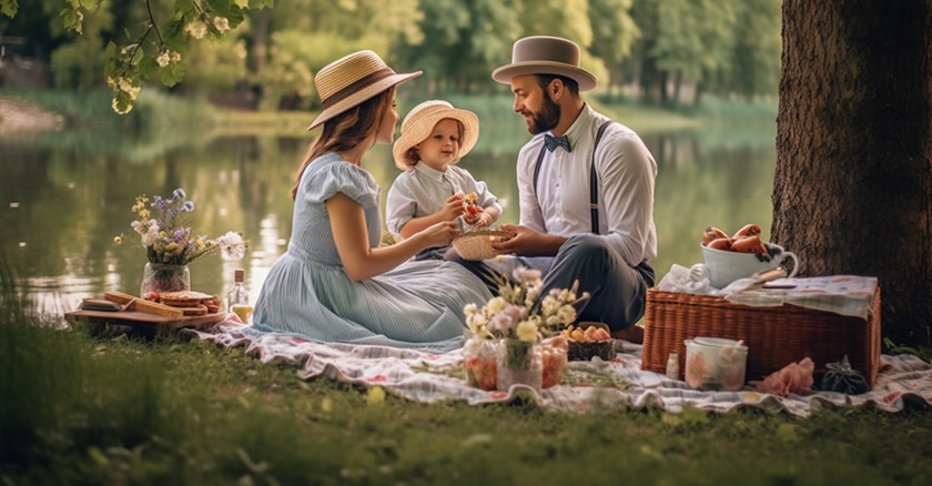 a person with a spouse and children, having a picnic in a park life path 4