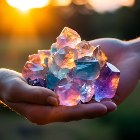 fluorite crystals held against the backdrop of the setting sun number 5