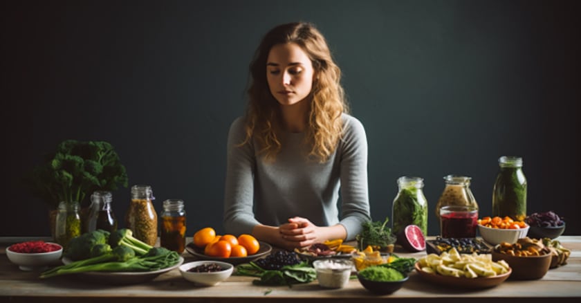 person considering an array of healthy foods