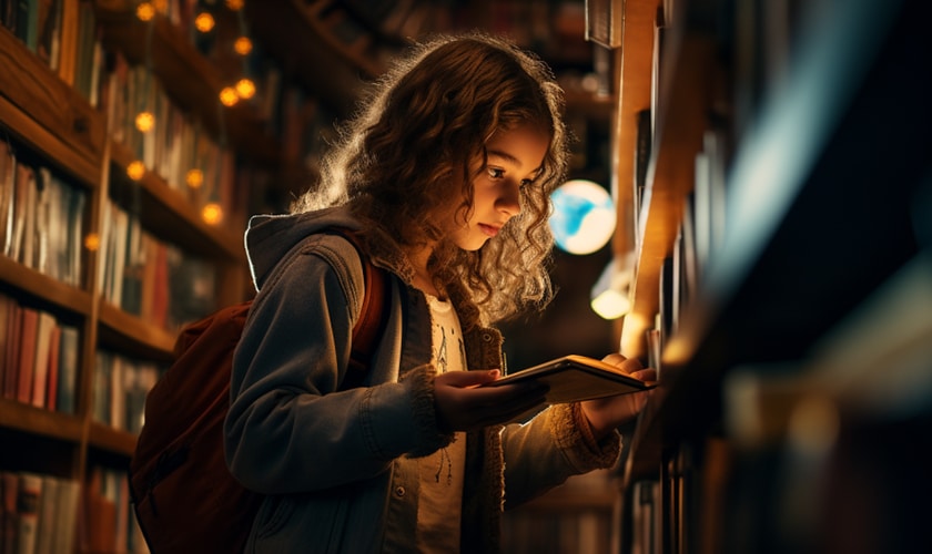 young girl standing in a library symbolizing knowledge number 5