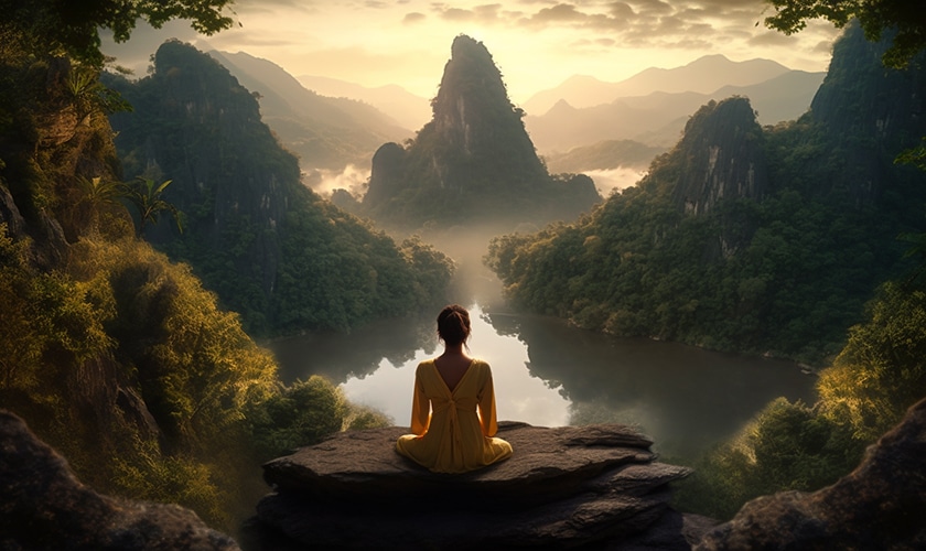 woman meditating amidst beautiful natural scenery angel number 555