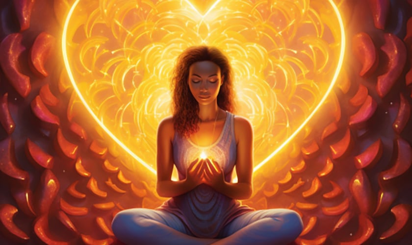 A serene person meditating with their hands over their heart angel 333