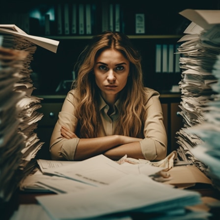 individual looking gloomily at desk filled with paperwork life path 4