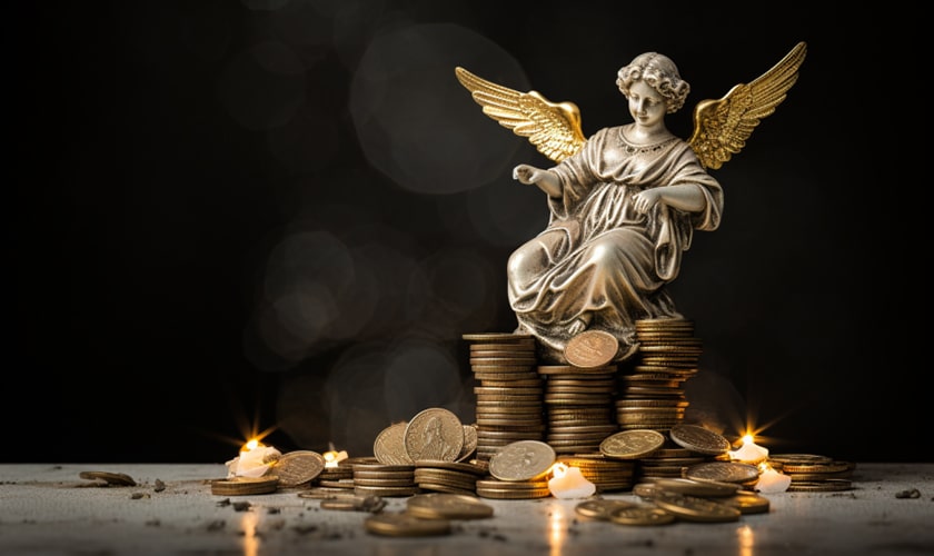 portrays a stone angel statue with coins angel 111