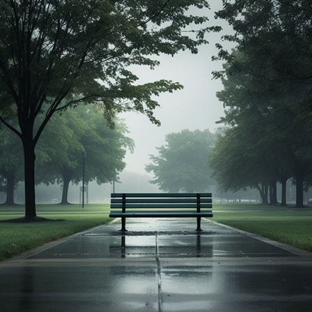 Empty park bench under the gloomy sky life path 7