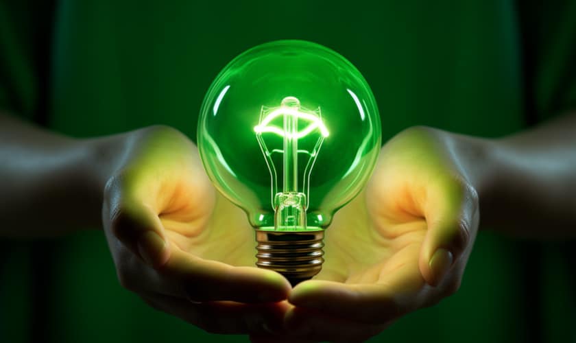 hands clasping a green light bulb angel 111