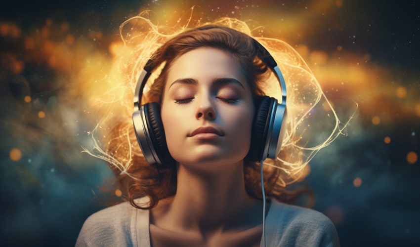 someone with headphones their eyes closed deeply immersed angel 888