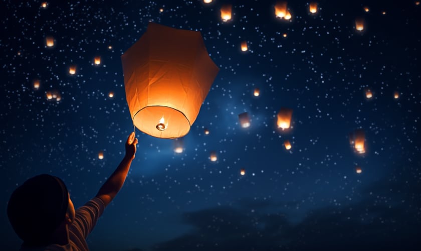 releasing a paper lantern into the night sky angel 999