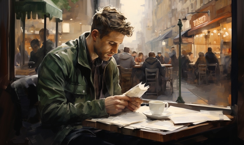 man sitting in a crowded café number 7