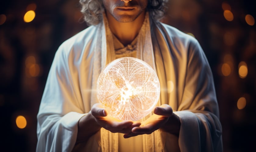 holding a glowing crystal sphere angel number 000