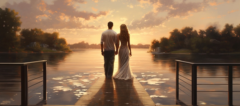 couple standing on a bridge overlooking a serene lake angel 0909