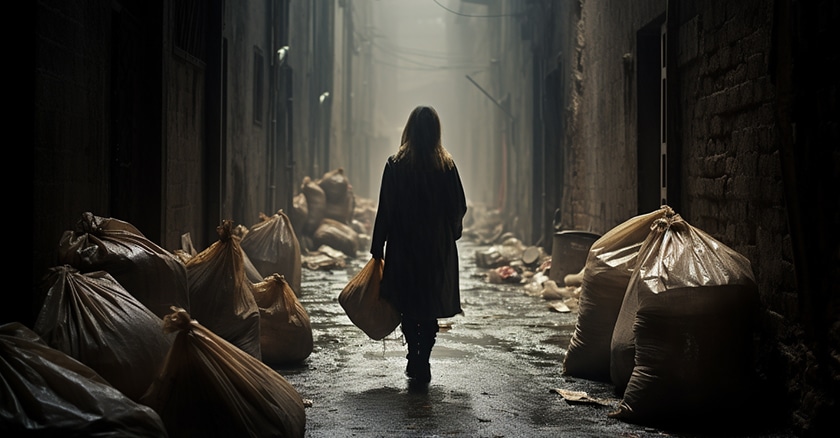 woman walking through a dark alley angel 0909