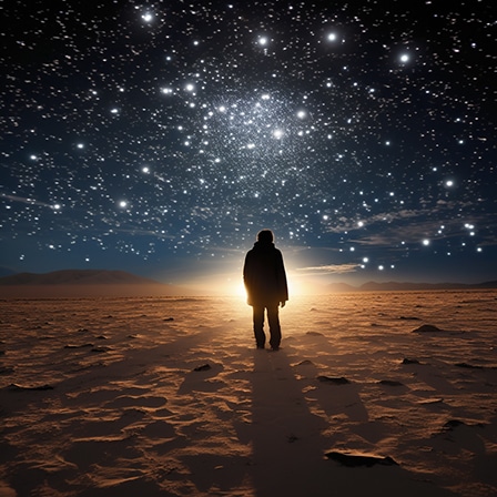person standing in the midst of a vast desert at night angel 0909