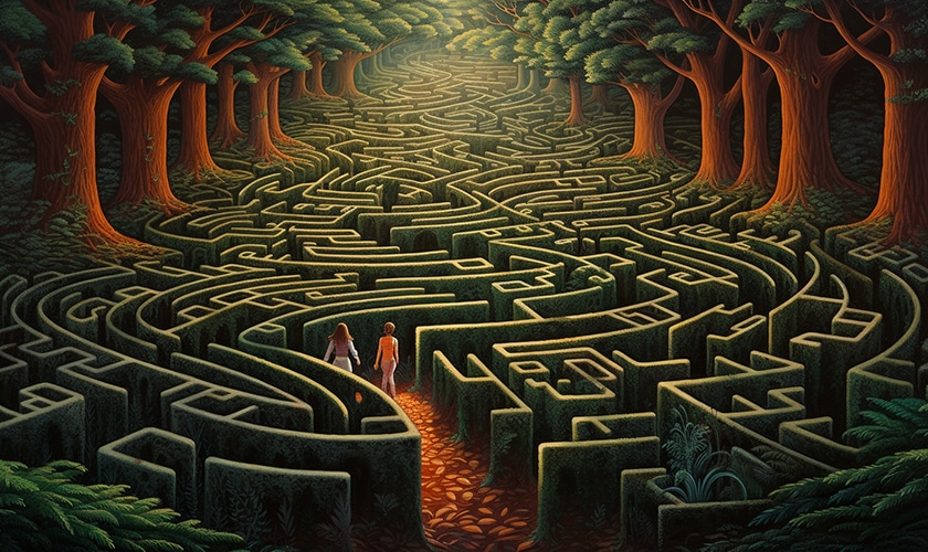 maze with two figures trying to find their way angel 1001