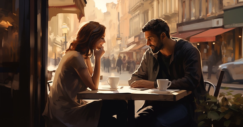 couple sits across from each other at a cafe table