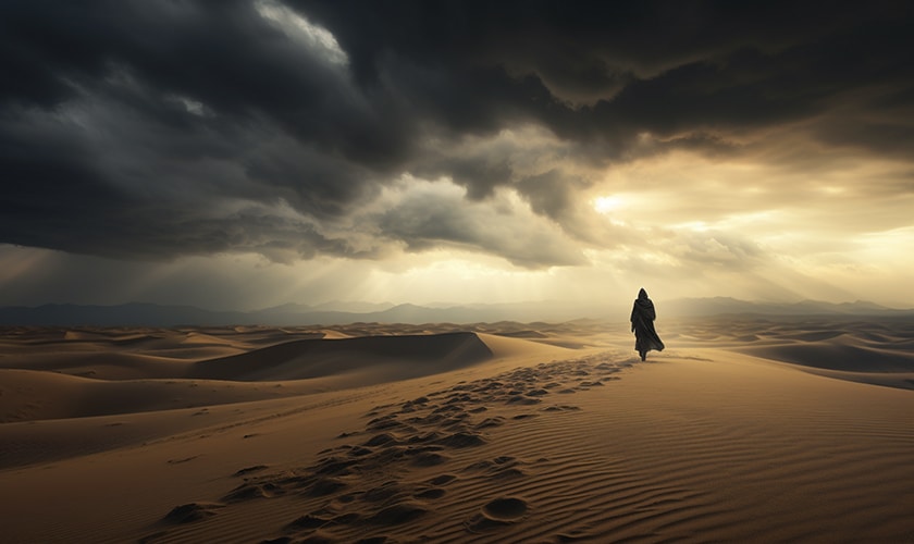 person standing in a dark and desolate desert post 3