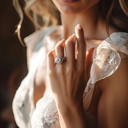 left hand adorned with a stunning engagement ring