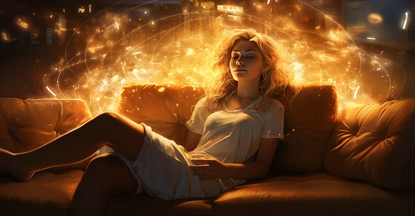 person on a cozy couch surrounded by scattered angelic symbols