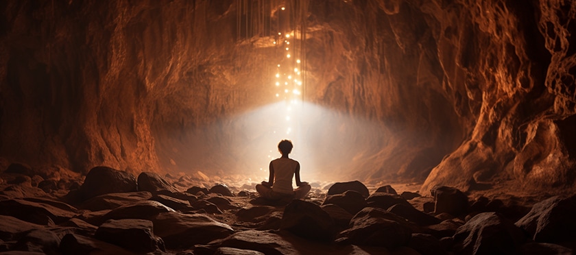 person sitting in stillness within a cave angel 1001