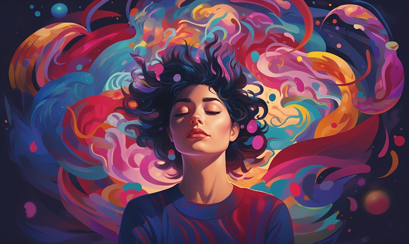 person with eyes closed surrounded by abstract swirl