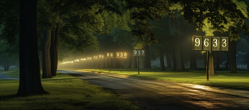 countryside road where plates are illuminated with angelic numbers