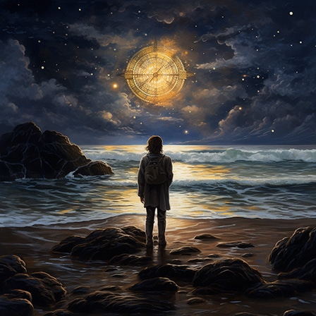 person standing on the shore, holding a compass, and gazing at a starry night sky post 3