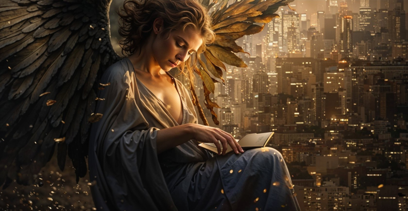 An angel is holding a scroll with repetitive number sequences