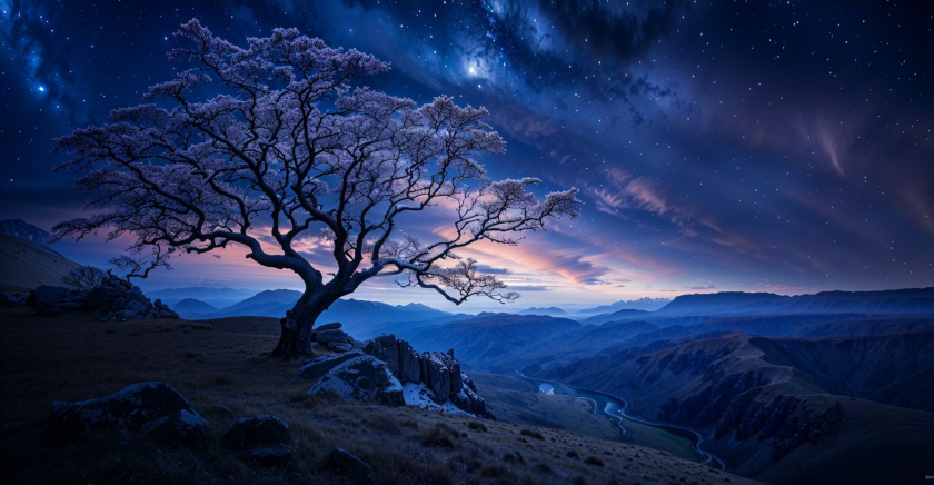 mystical landscape with a clear night sky