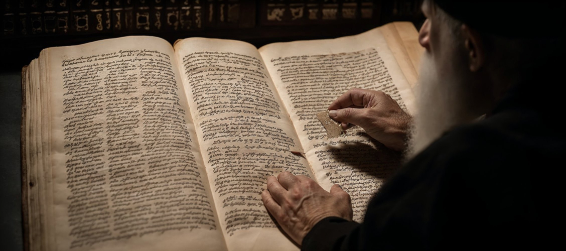 A person studying an ancient Kabbalistic text of Kabbalah numerology