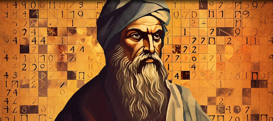 A portrait of Pythagoras with a background of numbers and mathematical symbols