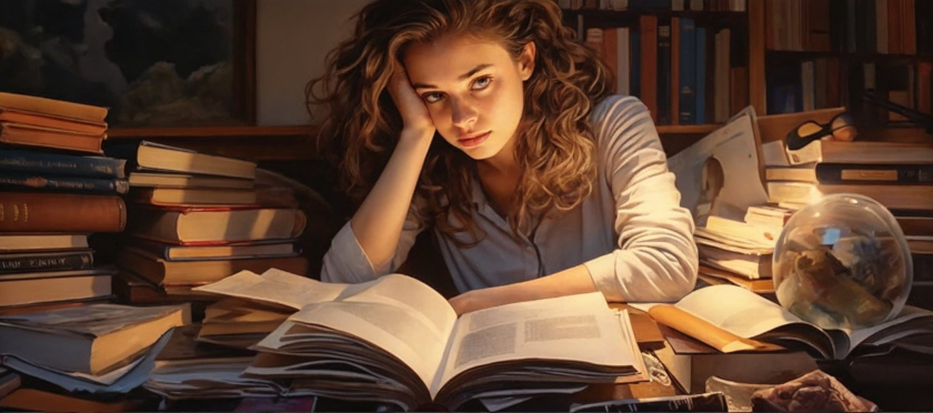 young woman engrossed in a pile of books life path 5